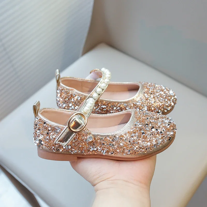 Girls Sandals Gold Sequins Pearls Princess Shoes Dance Kids Shoes Pink Non-Slip Lightweight Silver Kids Crystal Shoes Sandals