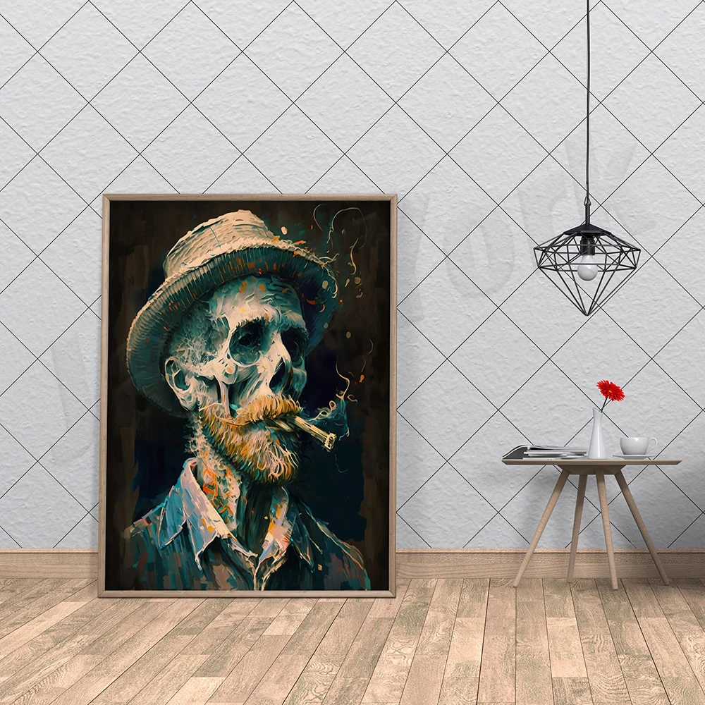 Skeleton skull and lit cigarette style poster, abstract art, neutral modern wall art decor, skeleton skull smoking minimalism