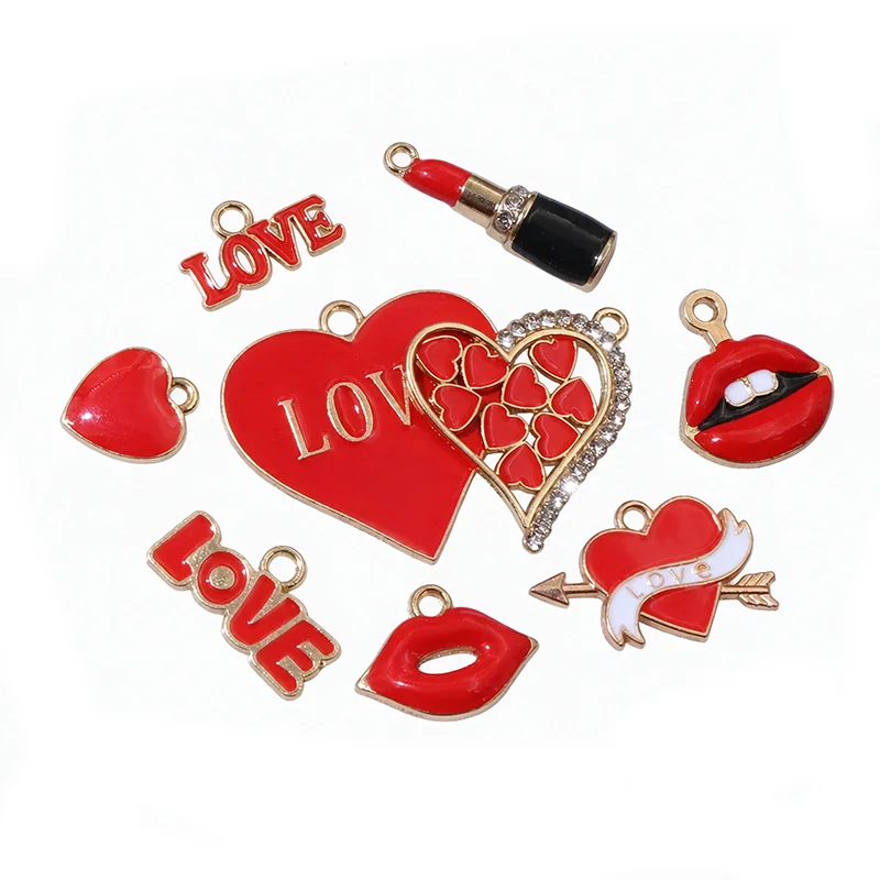 10pcs Valentine's Day Red Enamel Charms Heart Lips Lipstick Pendants For Necklace Earrings Bracelet DIY Jewelry Accessories