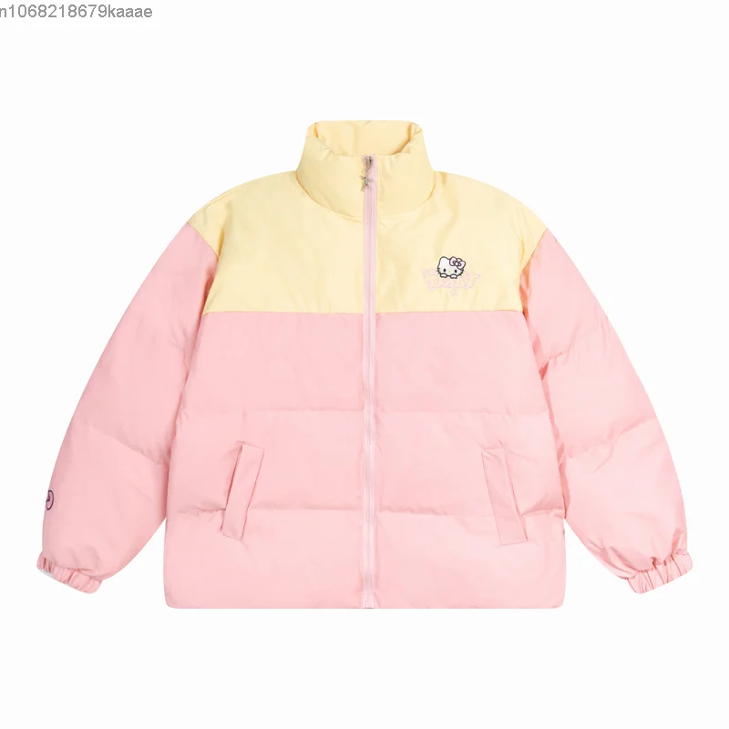 Sanrio Hello Kitty-abrigo de algodón con bloques de Color para mujer, chaqueta informal de moda de invierno, versión coreana, abrigo grueso con cremallera