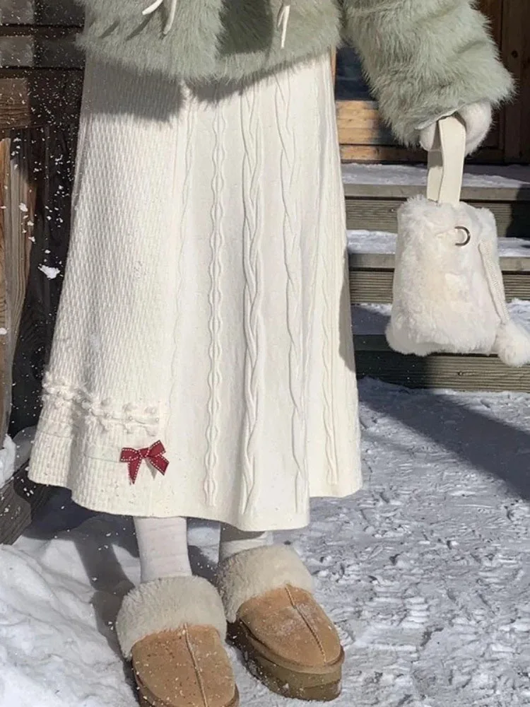Women Harajuku Knitted Twist A-line Maxi Skirts 2026 Winter Vintage Patchwork Pearl Jupe Y2k Aesthetic Sweet Bow Grunge Faldas