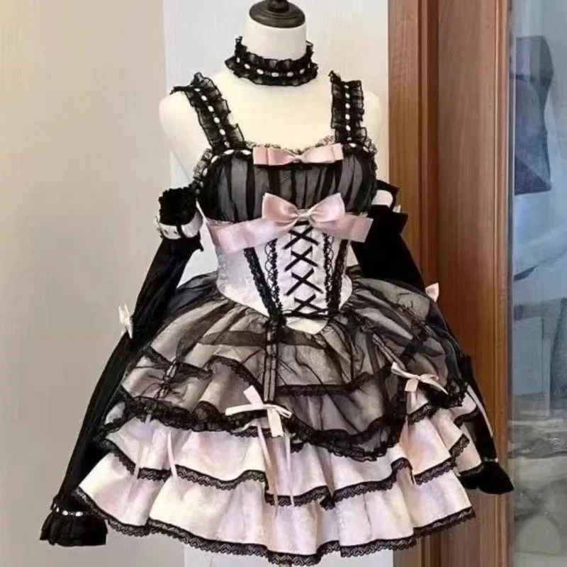 Lolita arco vestidos de renda y2k jk original jsk borboleta doce azul rosa em camadas plissado espartilho roupa princesa festa cosplay meninas
