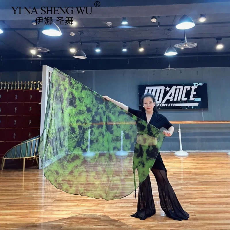 Chiffon Praise Flag 1pc/ 1 Pair 190X140cm Women Flowy Tie Dye Veil Stage Performance Show Props Black Green Floral Worship