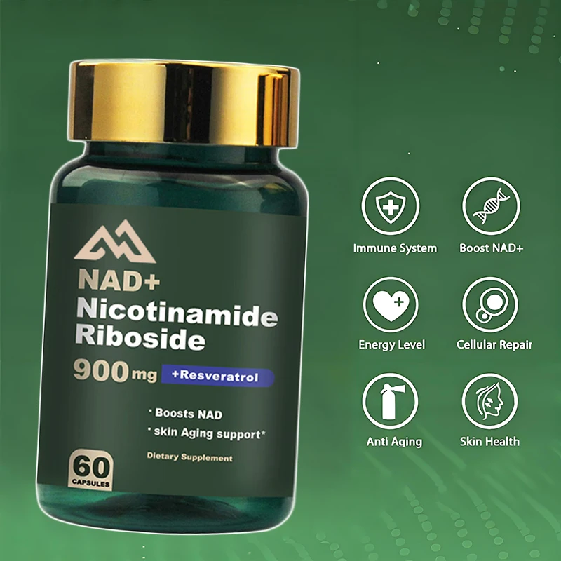 Liposomal nicotinamide nucleoside NAD+resveratrol containing supplement capsules support cellular health, healthy aging