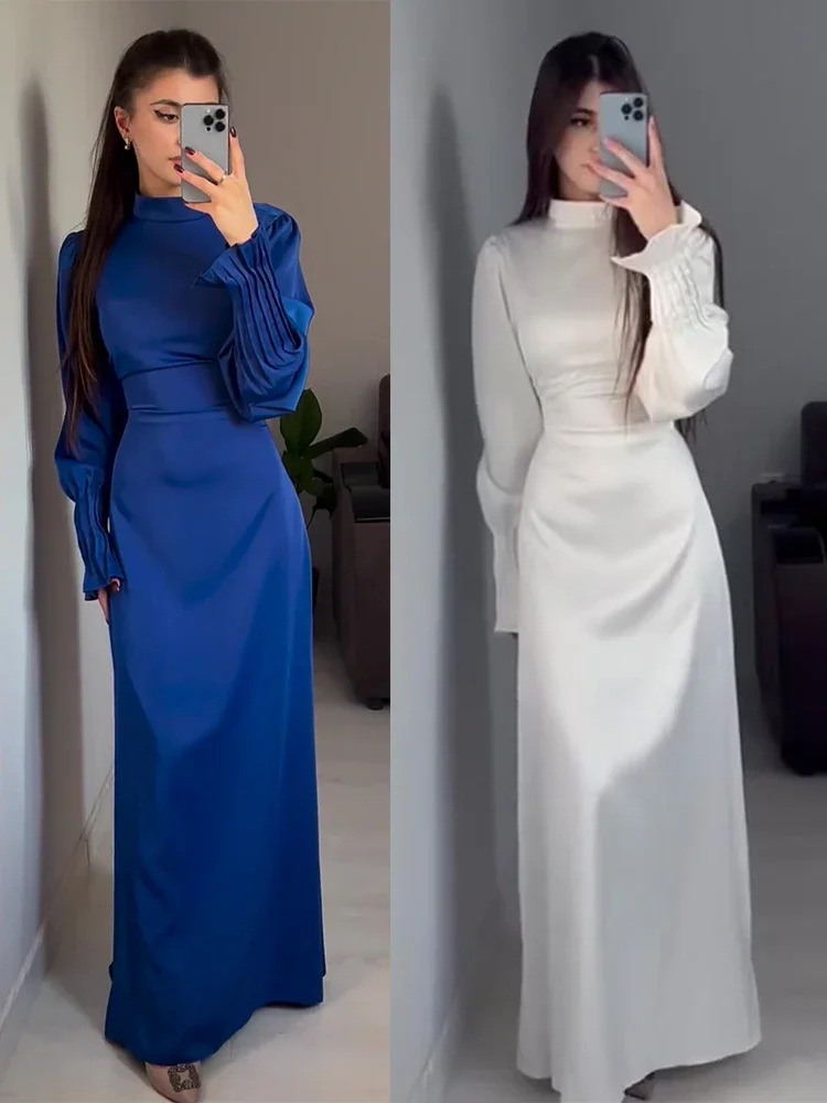 Abaya-Robe longue musulmane en satin pour femme, coupe couvertes, manches pétales, robes de soirée marocaines, ramadan, islam, dubaï, arabe,