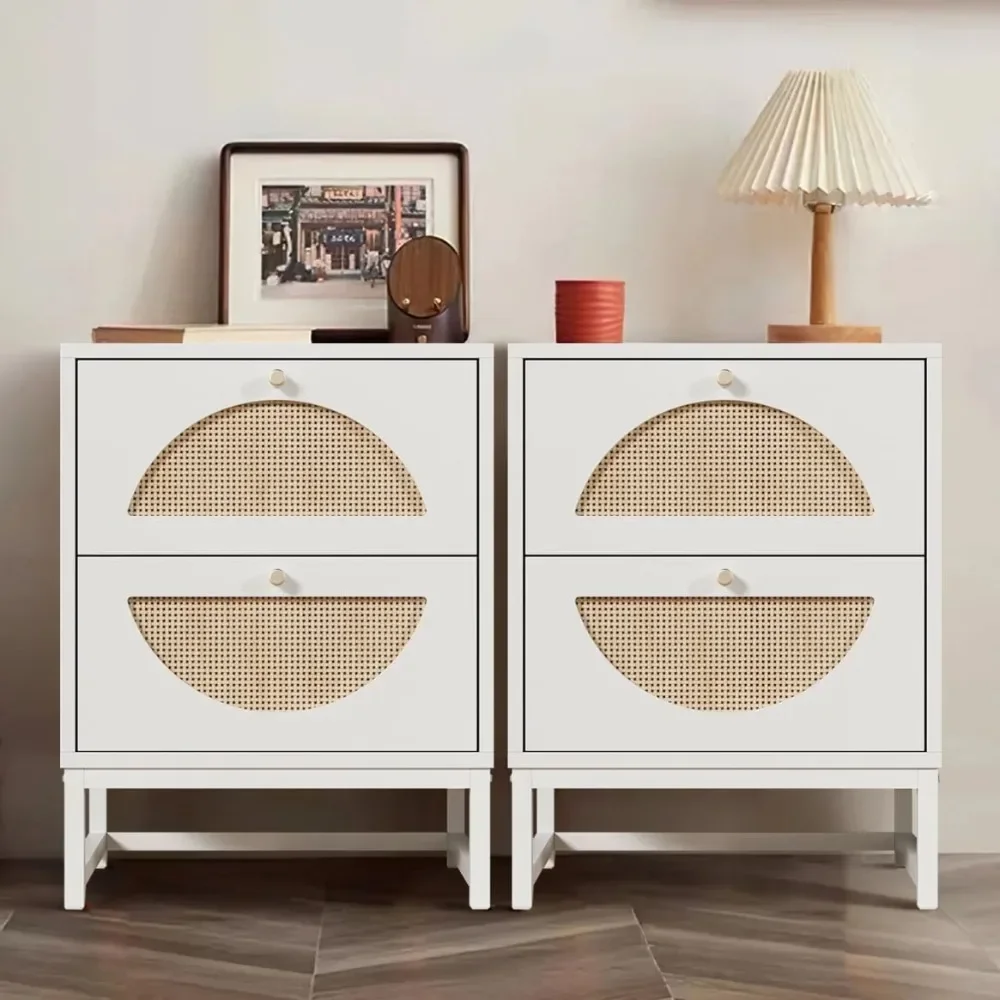 

White Nightstand Set of 2 for Bedroom, Wood Rattan Bedside Table Living Room End Table