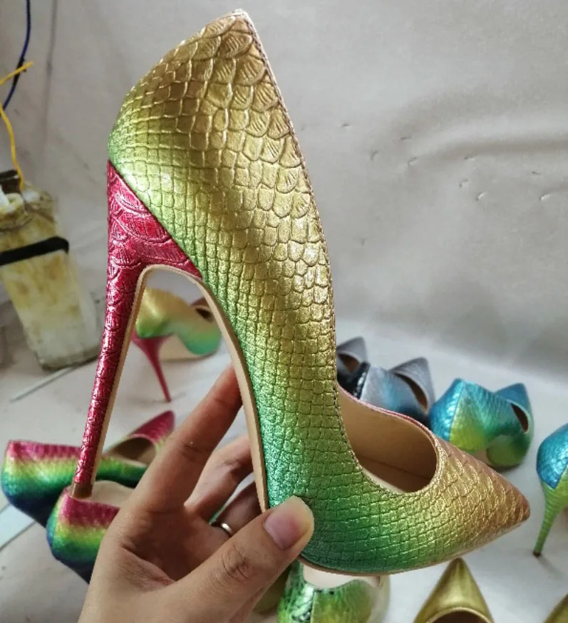 Gradient Python Leather High Heels Pumps Wedding Shoes Bling Snake Pointed Toe 12cm Heel Shallow Slip On Woman Banquet Shoes