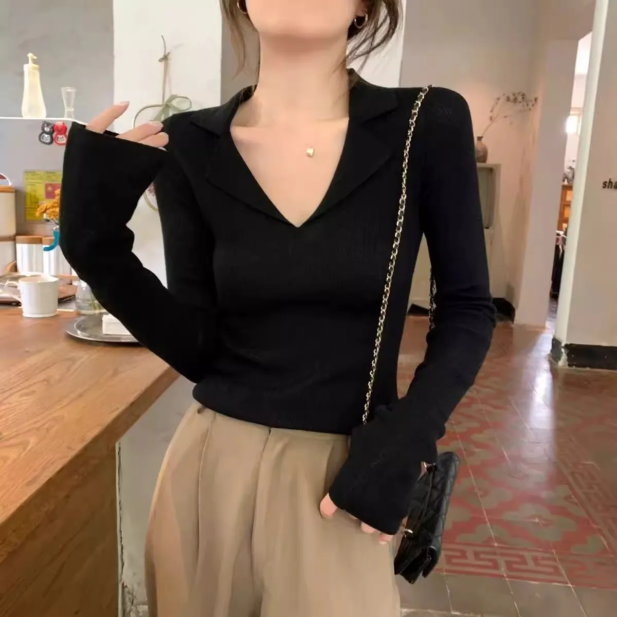 French Polo collar long-sleeved cashmere knitted sweater women new high-end woolen base sweater top