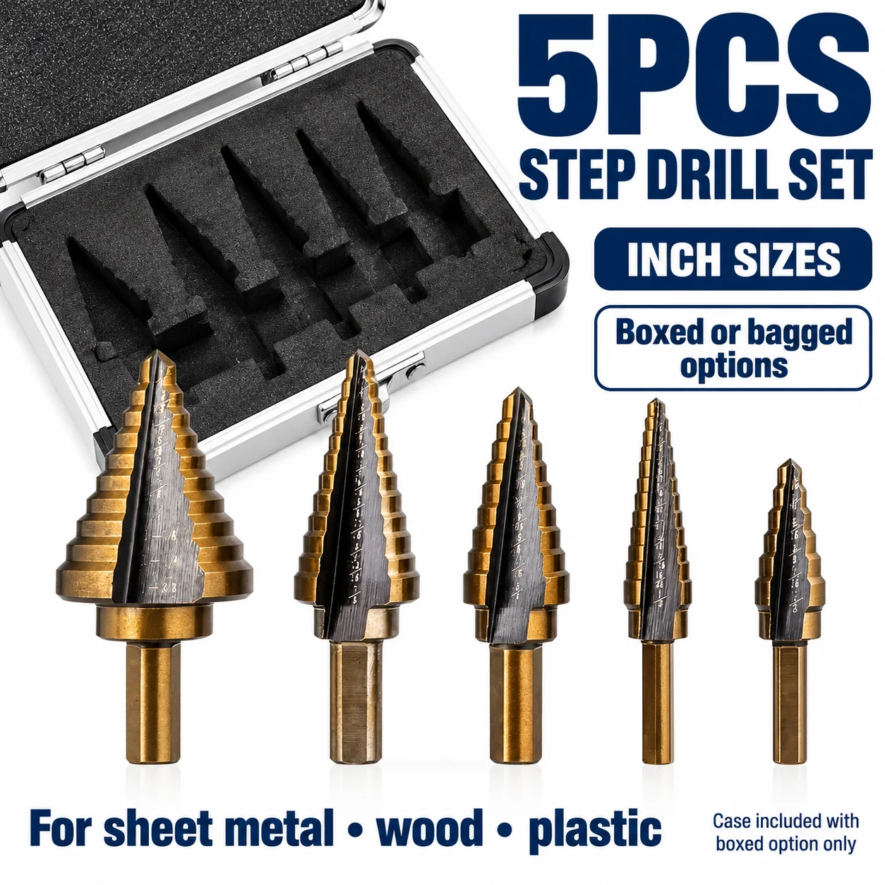 5PCS HSS Step Drill Bit Set, Inch Sizes, Titanium Coated, Boxed or Bagged for Sheet Metal Wood Plastic
