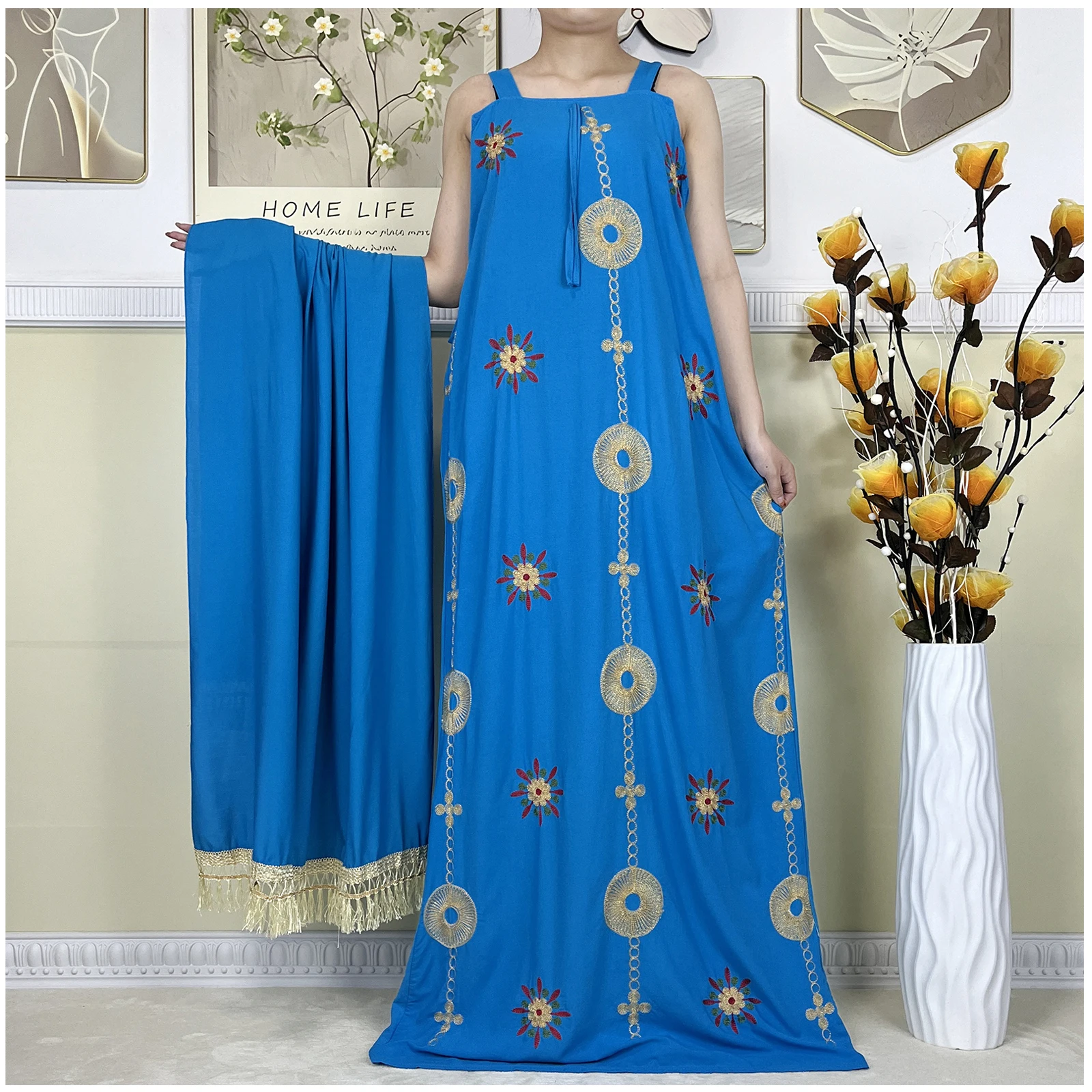 

New Dubai Party Women Summer Sleeveless Dress With Big Scarf Cotton Embroidery African Lady Elegant Maxi Islam Casual Vestidos