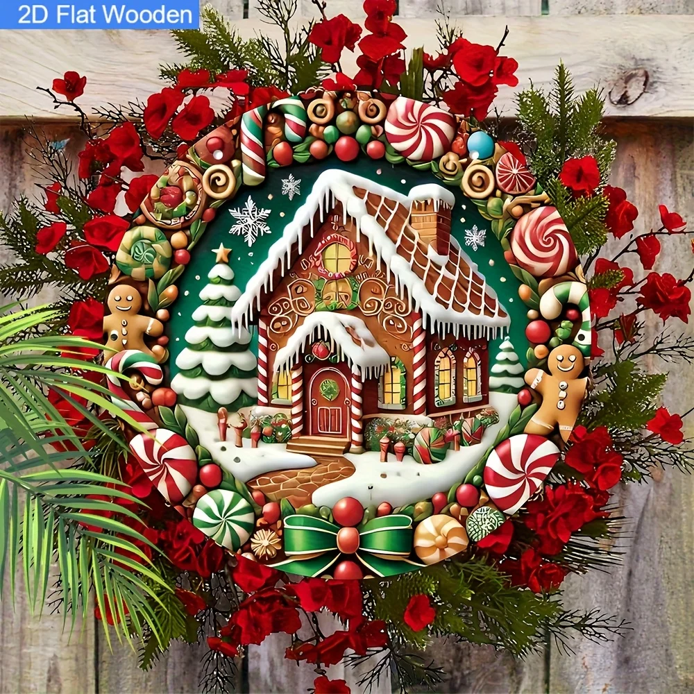 Lebkuchenhaus-Kranz, Aluminiumschild, 2D-Weihnachtsdekoration mit roten Rosen, Zuckerstangen