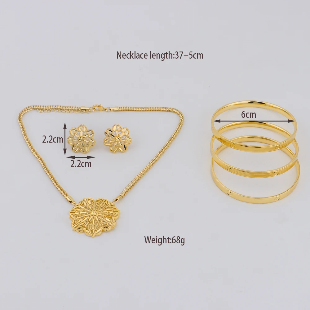 Luxury Flower Gold Plated Big Pendant Necklace Earrings Bracelet Sets For Dubai African Women Wedding Party Anniversary Gifts