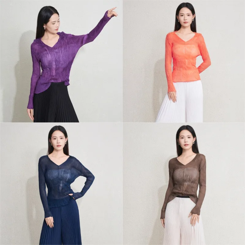 

Miyake плиссированные модные топы, женская легкая нижняя рубашка с характером, элитные универсальные футболки с длинными рукавами, топы