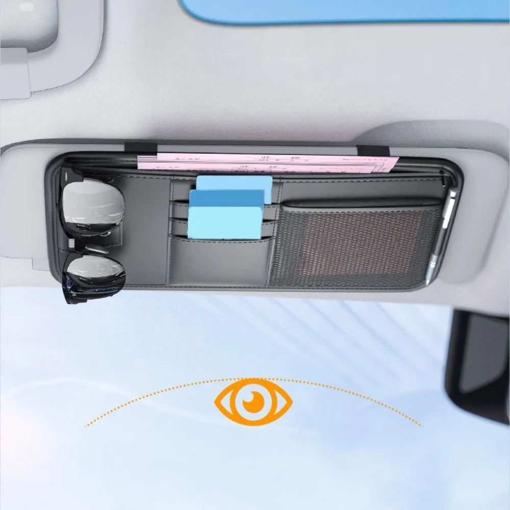 

Solid Color Car Sun Visor Organizer Mesh Large Capacity Sunglasses Clip PU Leather Universal Cards Holder Car Accessorie