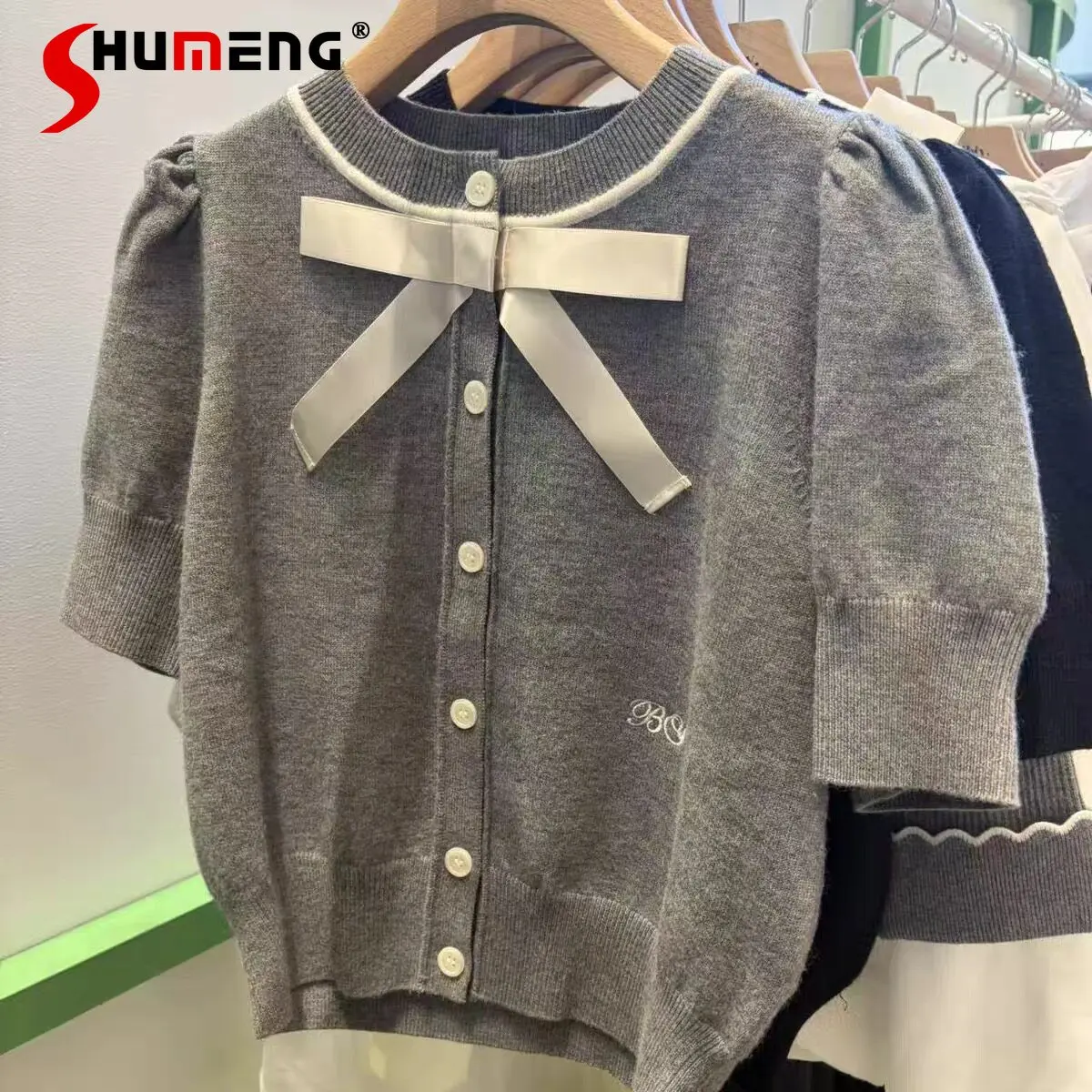 

Lady Japanese Style Sweet Gray Knit Cardigan Spring and Summer New 2026 Women's Slimming Cute Bow Knitted Top Skirts Outfit