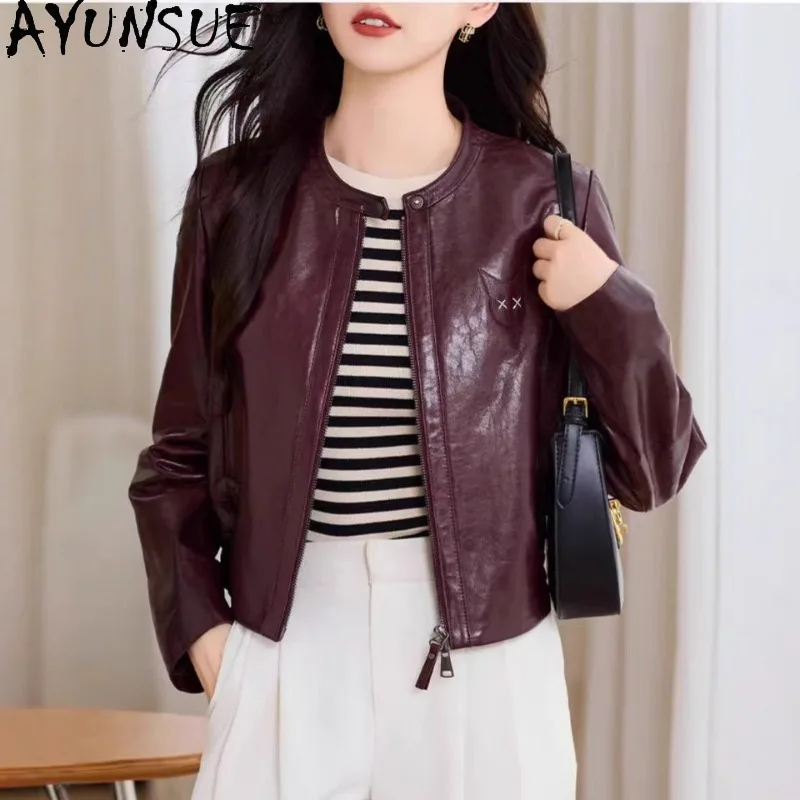 

AYUNSUE Women's Real Leather Jacket Fashion Oil Wax Sheepskin Jackets for Woman Casual Retro O-neck Tops Woman Clothes Jaqueta