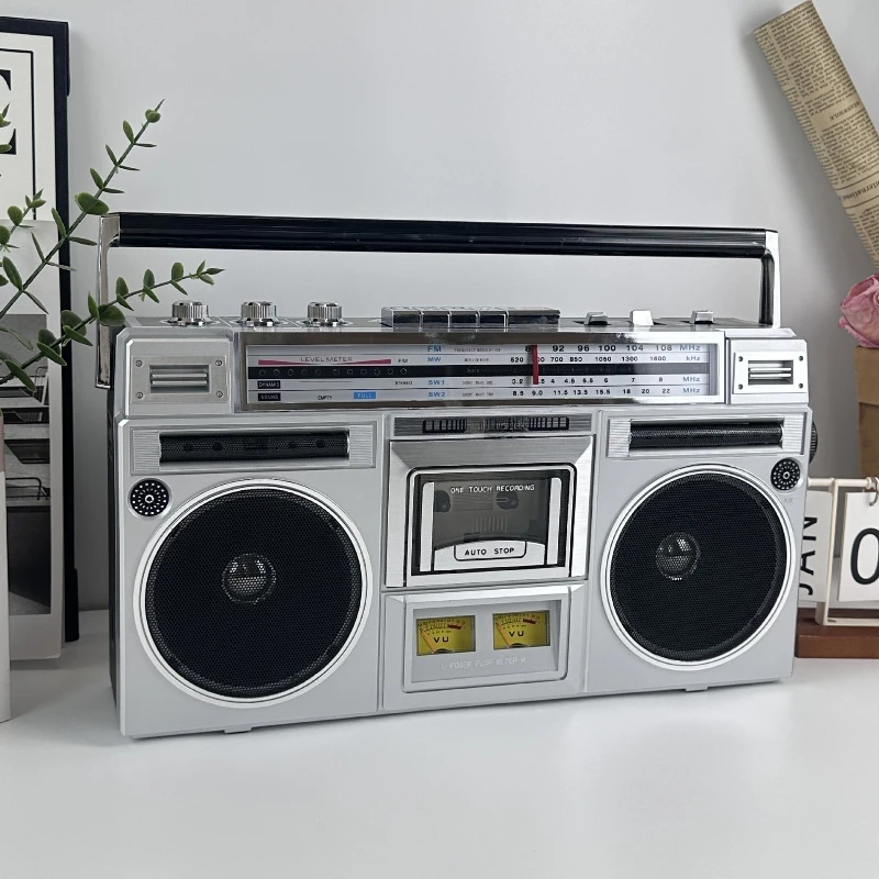 Vintage tape player Dual speakers Stereo era tape recorder Bluetooth playback radio Nostalgic cassette player