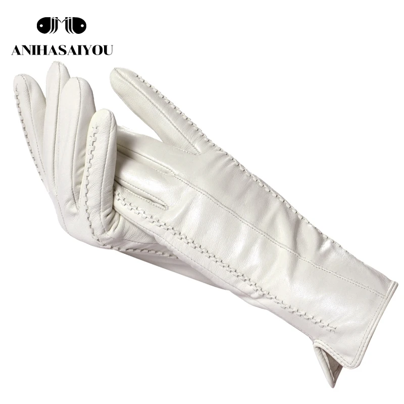 Witte leren dameshandschoenen, echt leer, katoenen voering warm, mode leren handschoenen, leren handschoenen warme winter-2226
