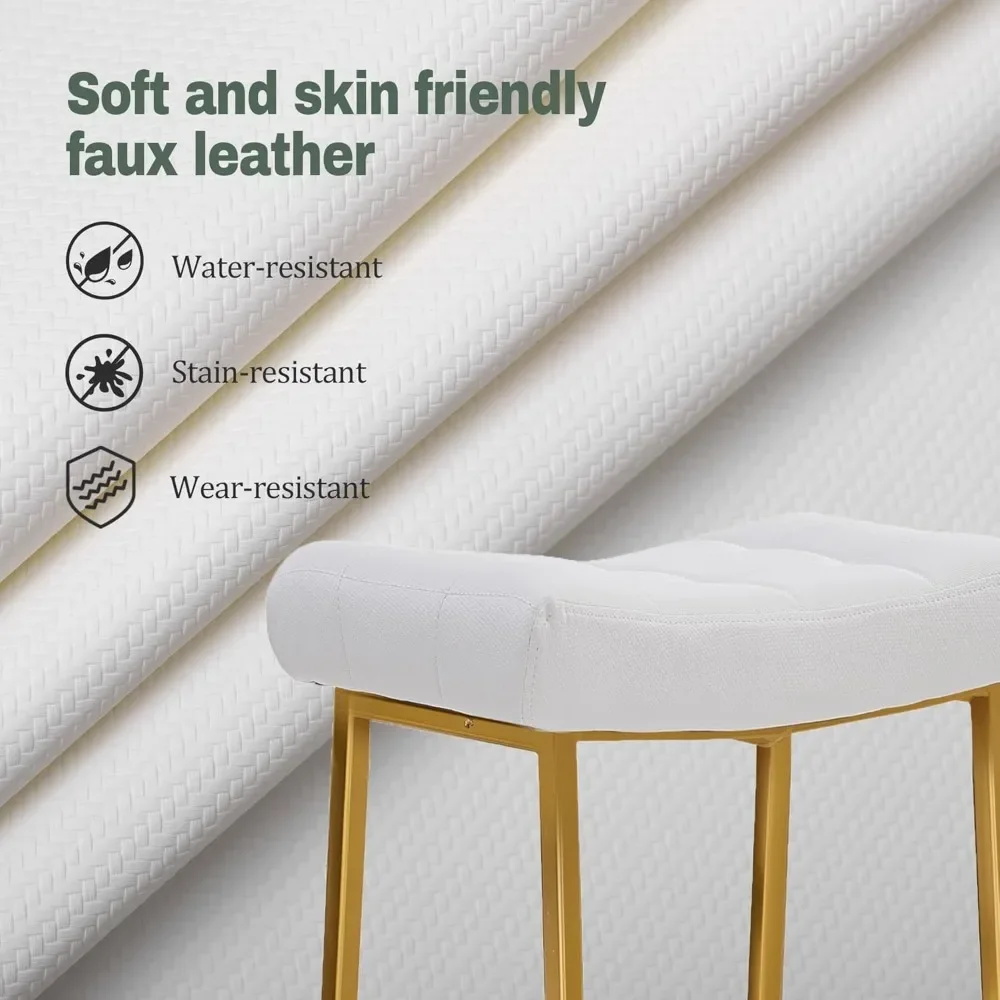 مجموعة من 3 مقاعد بار بدون ظهر باللون الأبيض والذهبي مع ارتفاع من الجلد الصناعي المنجد للمطبخ أو غرفة الطعام