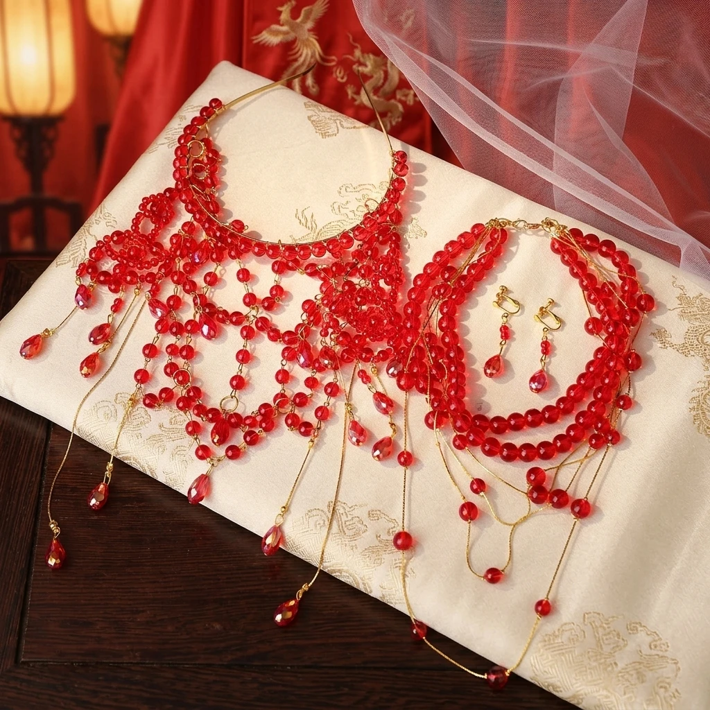 Bridal Toasting Jewelry Set With Headpiece Multi-Layer Tassels Hair Chain Headband Earrings For Wedding Banquet