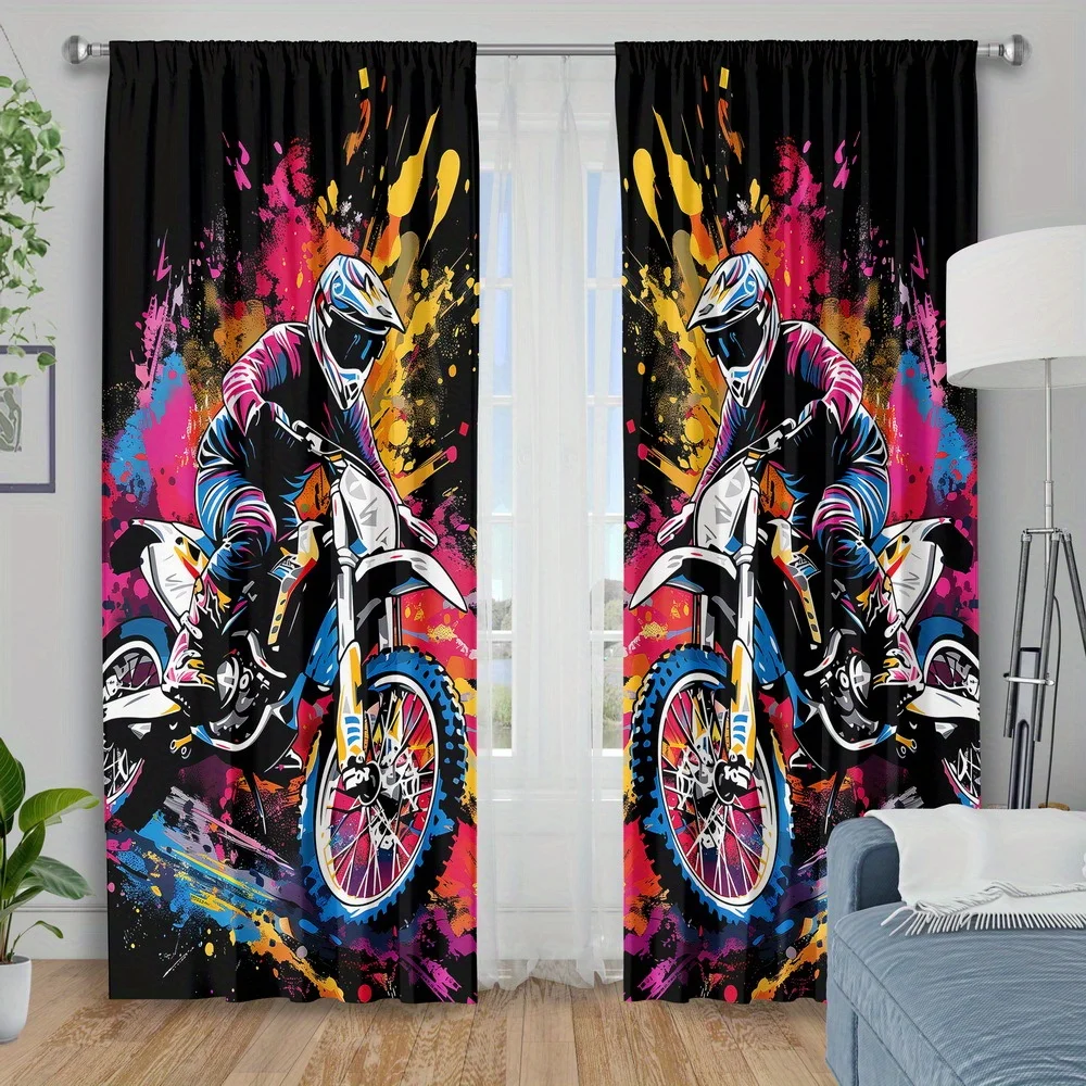Motocross Curtain Colorful Dirt Bike Rider Print Drape Extreme Sports Graffiti Window Treatment for Living Room Bedroom KidsHome