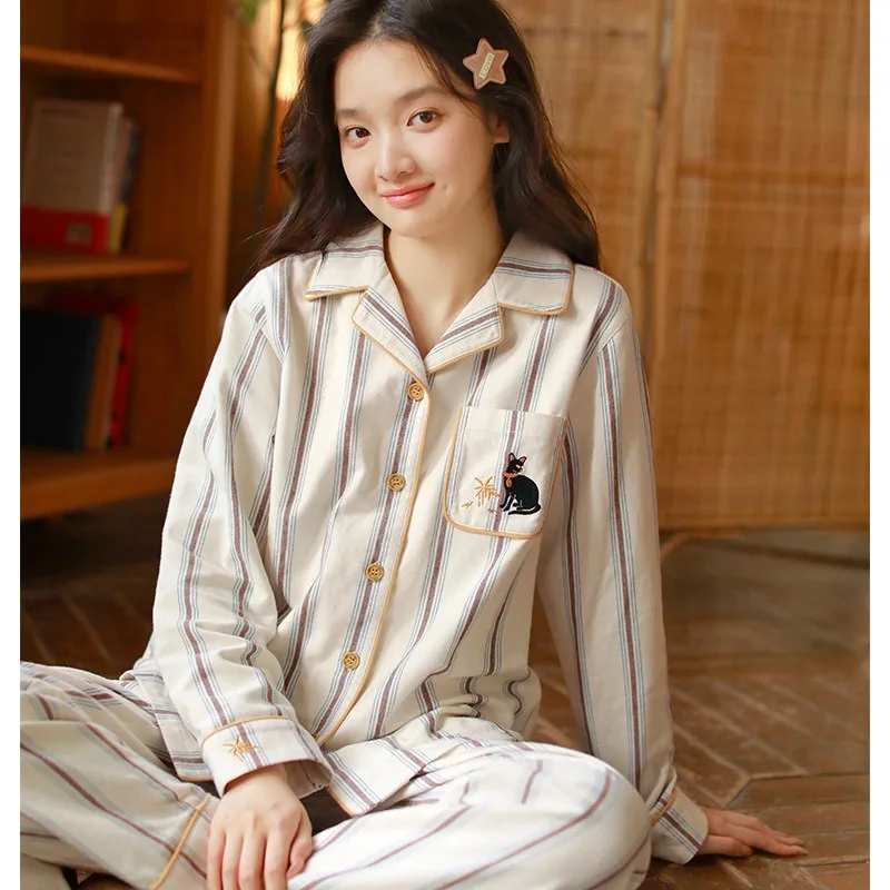 

Осенний парный минимализм, фланелевой комплект из 100% чистого хлопка, женские полосатые пижамы, мужские элитные повседневные пижамы из 2 предметов, домашняя одежда