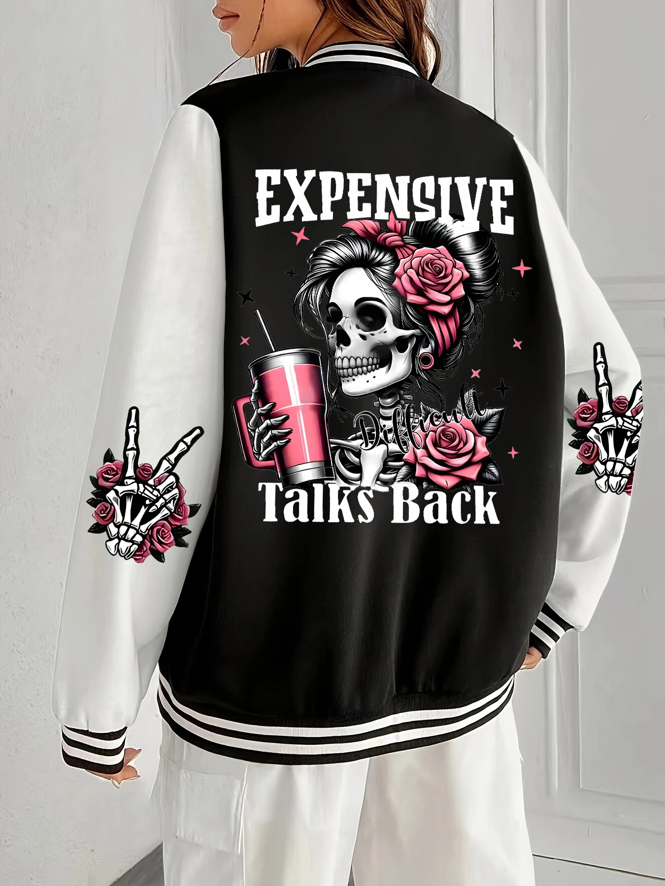 الحديث باهظة الثمن عودة الجمجمة الطباعة المرأة السترات المتضخم البيسبول موحدة الصوف الخريف ملابس رياضية معاطف الجيب عادية #1