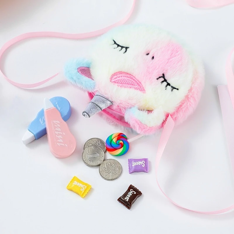 حقائب كتف قطيفة على شكل وحيد القرن كرتونية للأطفال لطيفة ملونة للفتيات الصغيرات حقيبة كروس دائرية فروي محفظة حقائب يد هدايا للأطفال