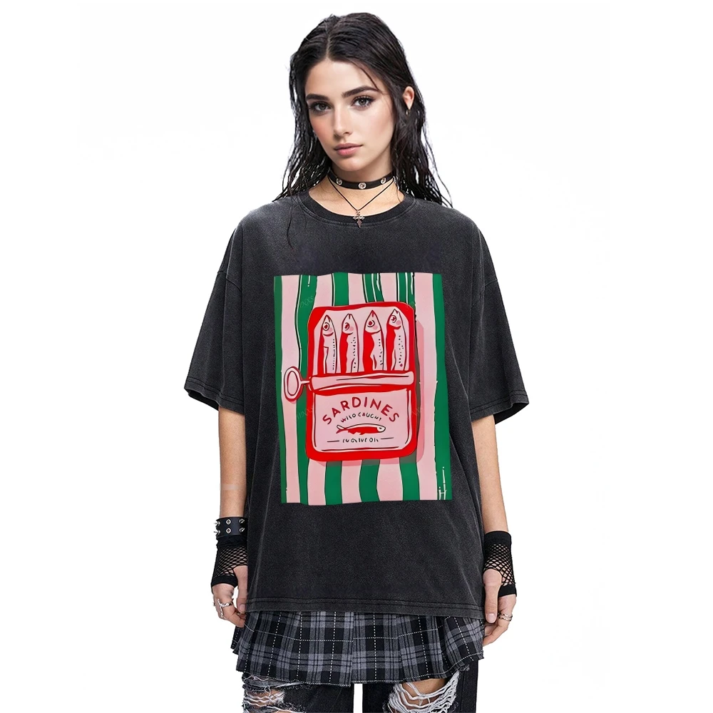 

Nostalgic - Style Unisex Black Washed Short - Sleeve Graphic Tee with Sardine Print Y2K Trend Casual Comfortable Loose - Fit Tee
