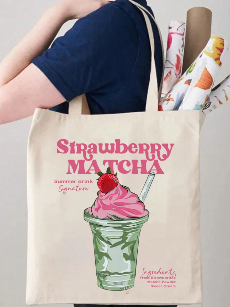 

1pc Mucha Pattern Canvas Tote Bag School Travel Work Yoga Bag Eco Friendly Spacious Reusable Shoulder Bag Gift for Matcha Lover