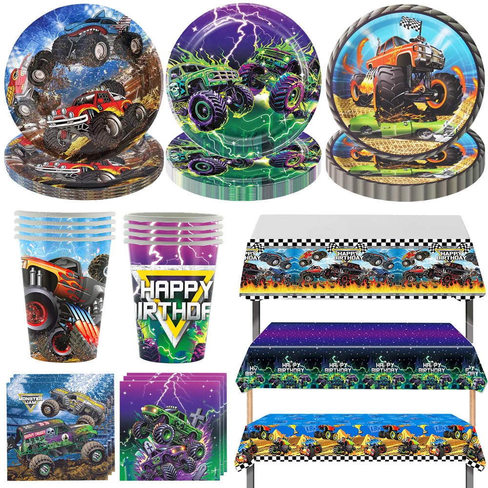 Monster Machines LKW Einweggeschirr Ballon Banner Kuchen Dekor Kinder Jungen Monster Truck Geburtstag Party Racing Party Dekor