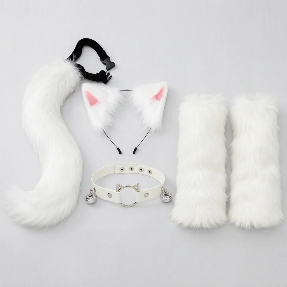 

Fox Paw Gloves Costume Set With Knitted Artificial Fur Boot Covers Tail Ears Lolita Black White Halloween Cosplay