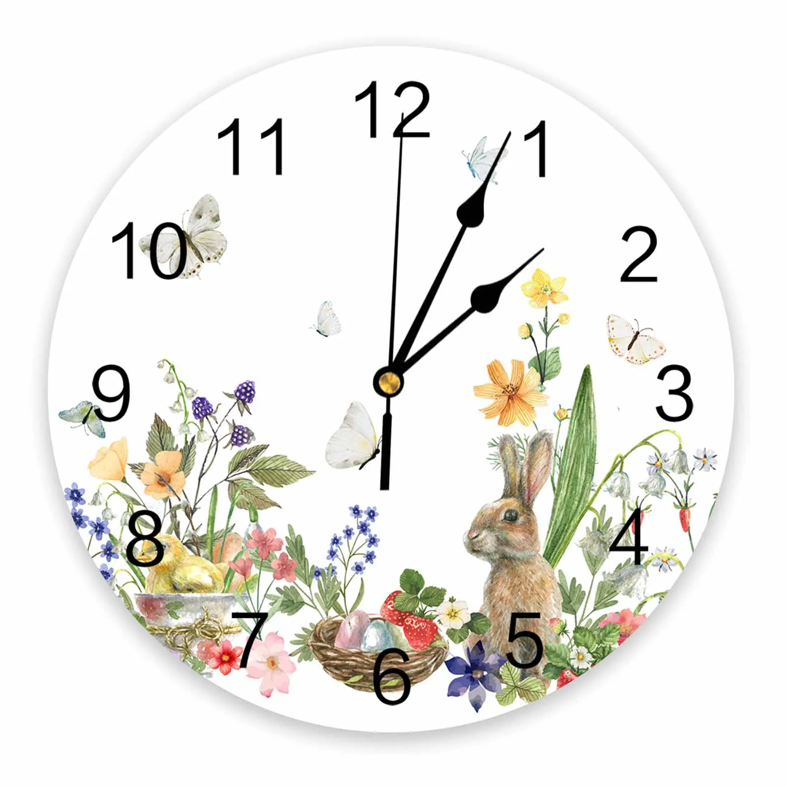 Rabbit Flower Butterfly Strawberry Easter Printed Wall Clock Modern Silent Clock Living Room Home Decor Wall Hanging Watch