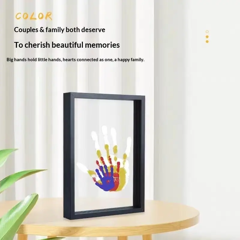 Nouveau - 1 Kit Cadre Photo Famille en Bois DIY pour Empreintes de Mains avec 6 Peintures, Stylos, Gomme et Pinceau - Souvenir