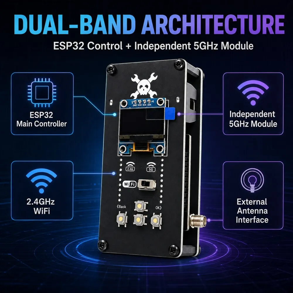 DualScope W5 ESP32 Dual-Band-WiFi-Scanner Drahtloses Entwicklungsboard 2,4GHz 5GHz mit OLED-Display für Netzwerkanalysen – Detail 2