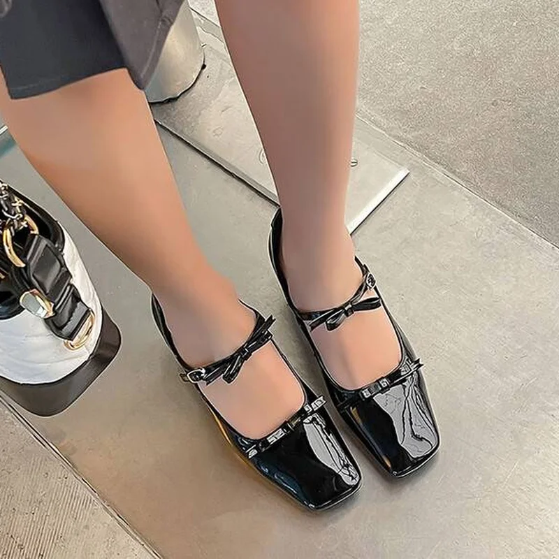 Women Patent Leather Mary Jane Pumps Square Toe Bow One Strap Block Heel 4.5CM Casual Daily Party Dress Shoes Black Wine RedF327