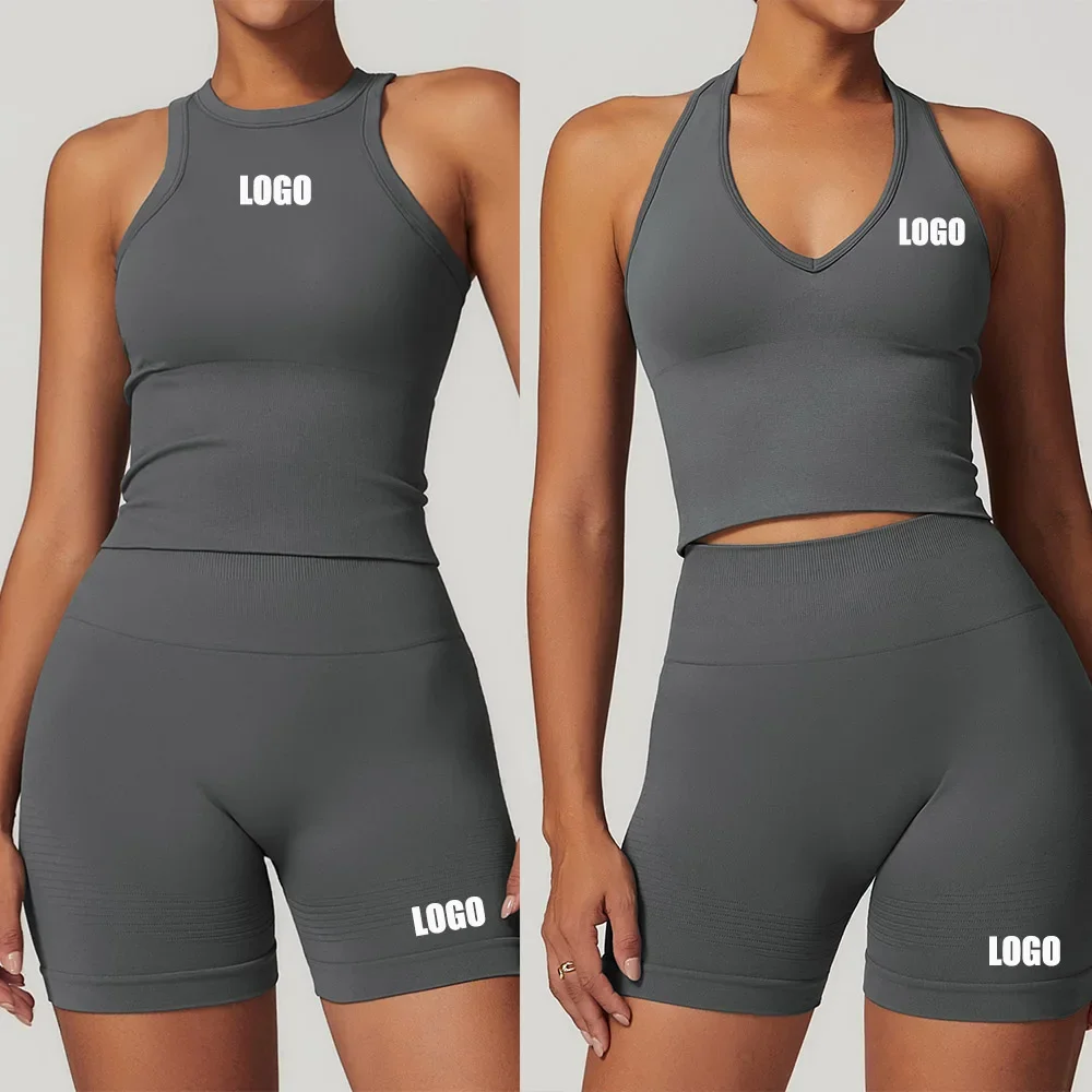 Custom LOGO seamless I-shaped beauty back sports vest shorts threaded hip lift yoga fitness suit women's two-piece set