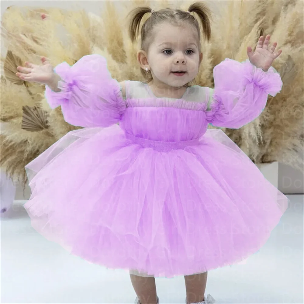 Lilac Beautiful Little Girl Birthday Dress Tulle Knee-Length Flowers Girl Dresses Wedding Party Banquet