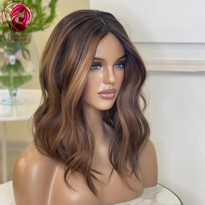 Wig rambut manusia bergelombang longgar alami cokelat dengan madu pirang Wig Bob Brasil dengan Wig Frontal 13x4 warna pirang