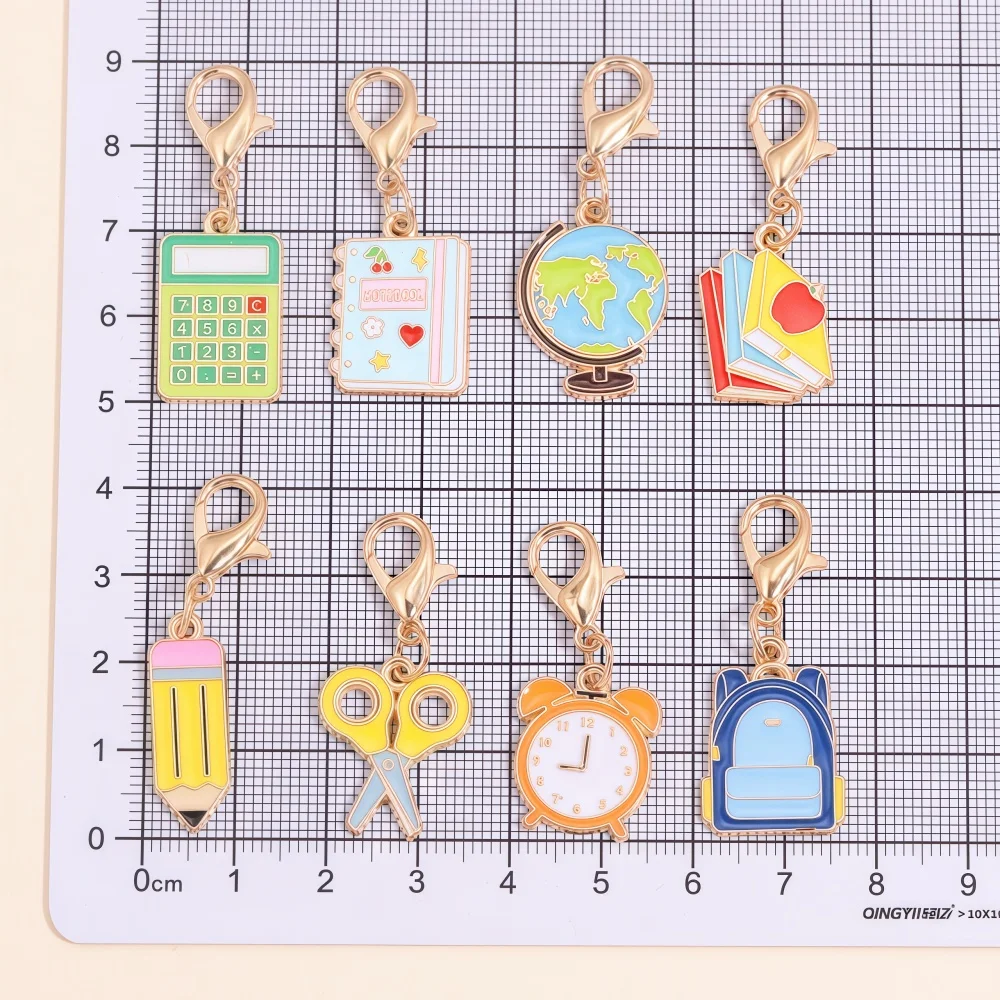 10Pcs Mixed Book Pencil Ruler School Bus Enamel Charms Lobster Buckle Clasp Pendants for Jewelry Making Bag Keychain Decoration
