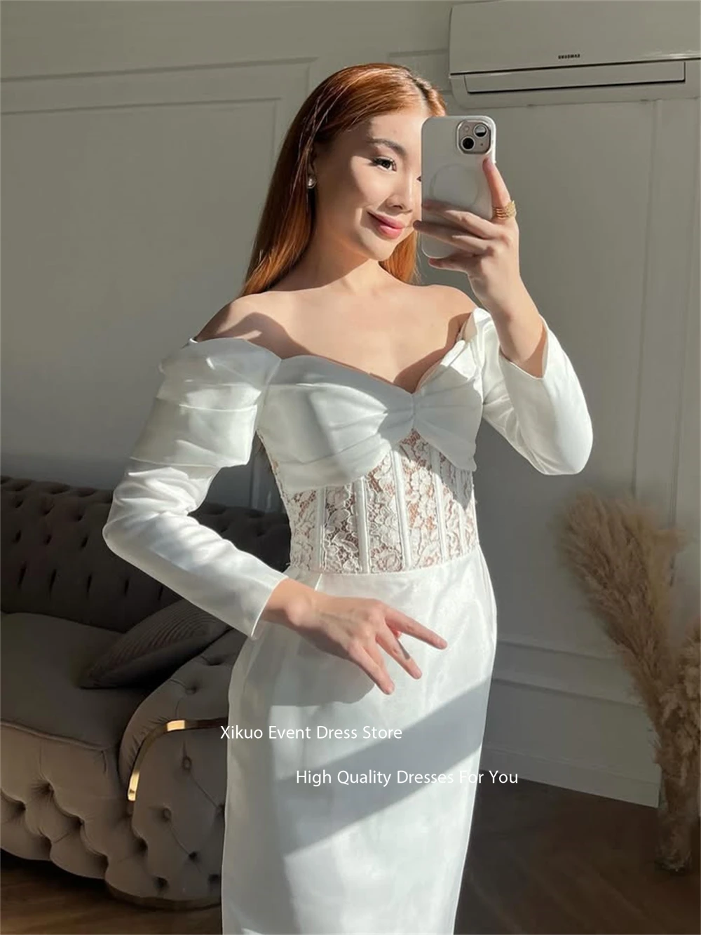 Xikuo Glamouröse schulterfreie Brautkleider mit Applikationen, gerüschte Satin-Abiballkleider, lange Länge, Vestidos De Fiesta, individuell gestaltet