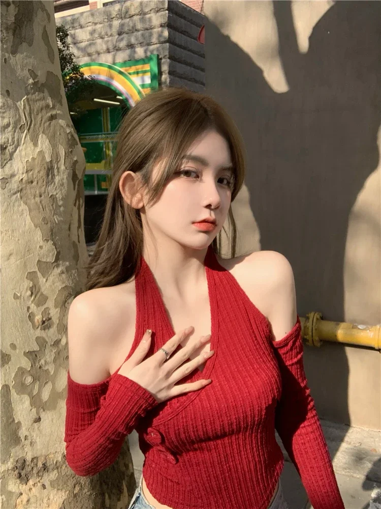 V-neck Cropped Pullovers Women's Clothing Pull Femme Tunic Solid Color Jumper Off Shoulder Knitting Korean Sweater Y2k Tops