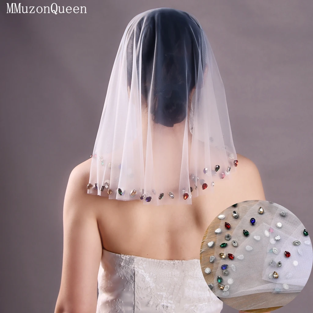 

TOPQUEEN VA19 Новая роскошная женская белая кружевная фата с элегантными и яркими стразами, сексуальная свадебная фата для невесты, таинственная фата