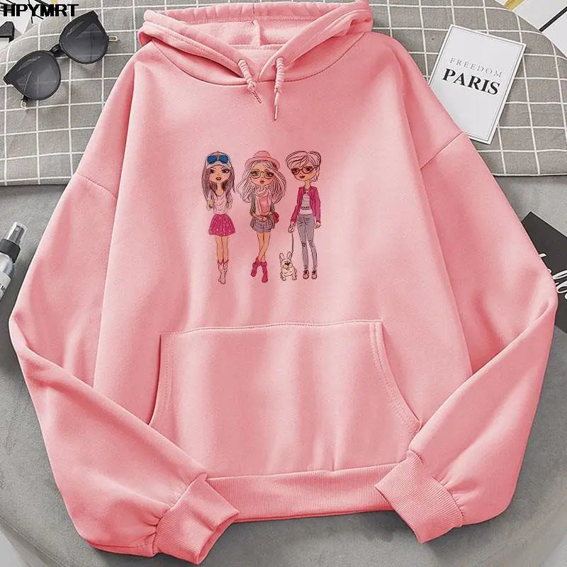 New Street Harajuku cute sister Print Autumn And Winter Fashion Casual ladies girl White pink pocket breathable loose Hooded Top