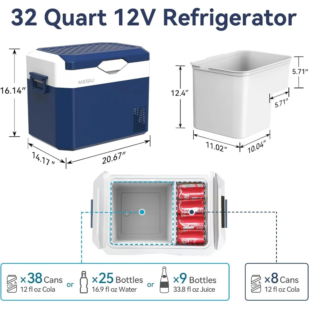 ثلاجة محمولة 12 فولت بسعة 32 لترًا، مناسبة لتيار مستمر 12 فولت/24 فولت وطاقة تيار متردد 110-240 فولت، مثالية للشاحنات والشاحنات والمركبات الترفيهية والتخييم