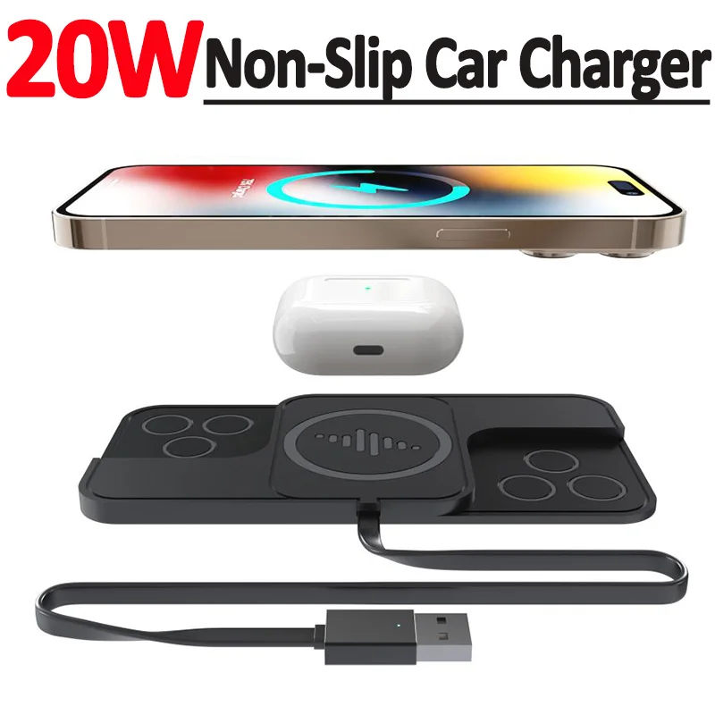 20W Fast Car Wireless Charger Pad for iPhone 14 13 12 X Samsung Huawei AirPods Phone Non-slip Quick Car Wireless Charging Stand