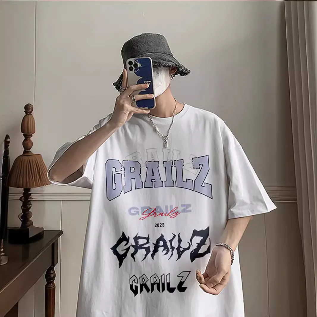

Grailz T-Shirt 2025 Overlapping Letter Minimalist Circular Print Vintage Jersey Men's Oversized Casual Short-Sleeve T-Shirt