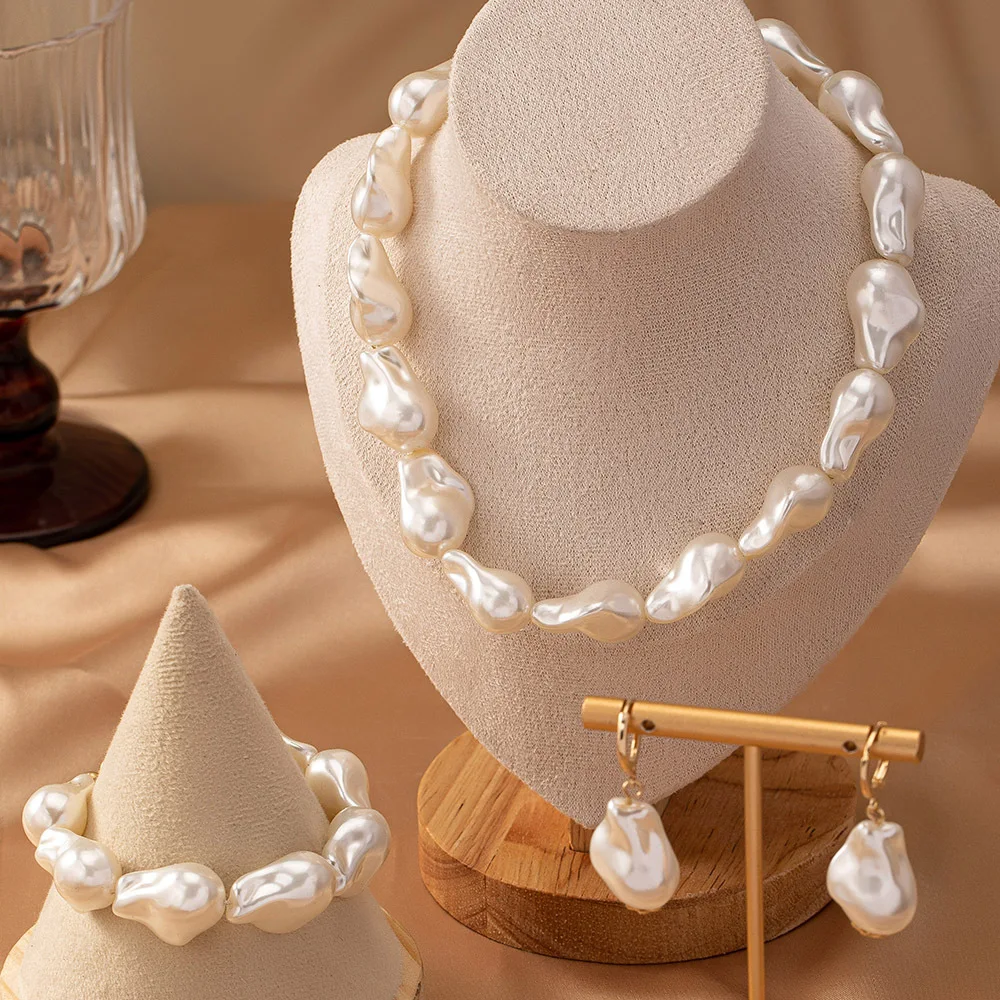 Ethnic Beaded Pearl Necklace Bracelets Delicate Jewelry Set for Women Elegant Exagerated Dangle Earring Accessories