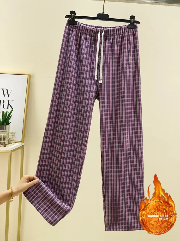 

Американские ретро-брюки в клетку с широкими штанинами для женщин, зимние утепленные, с высокой талией, для дома, свободные, прямые, длинные брюки-трубы
