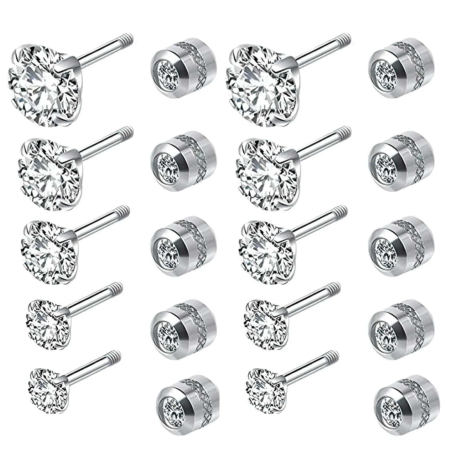 1 Pair/5 Pairs 3MM-7MM Silver Stainless Steel Men Women Cubic Zirconia Screw Back Stud Earrings for Sleeper Sensitive Ears